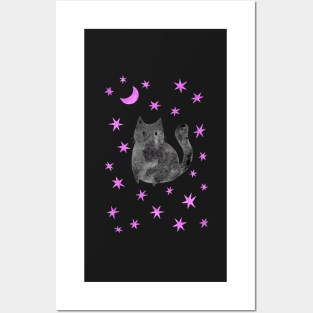 Black Cat with Pink Stars Posters and Art